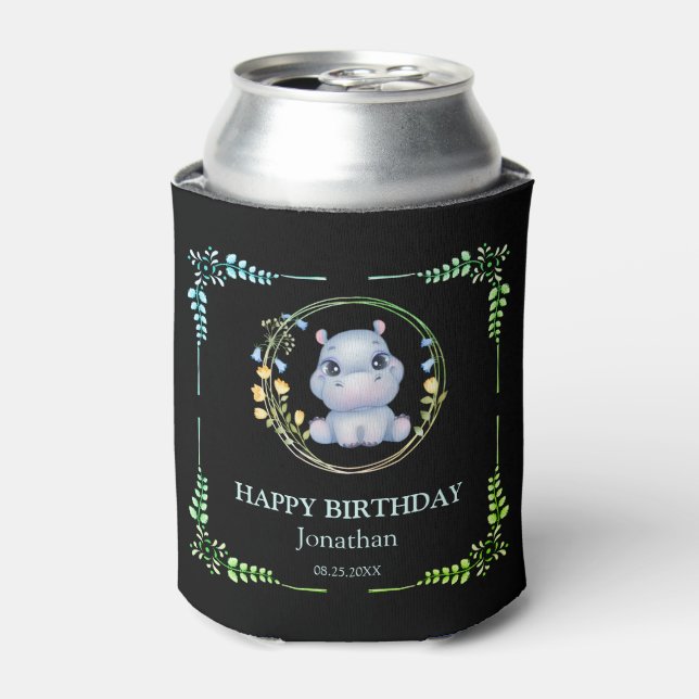 Niedlicher Hippopotamus Blume Wreath Birthday Blac Dosenkühler (Kanne Vorderseite)
