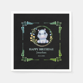 Niedlicher Hippopotamus Blume Wreath Birthday Blac Serviette