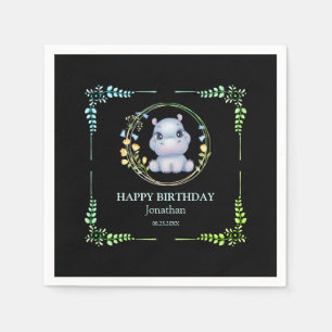 Niedlicher Hippopotamus Blume Wreath Birthday Blac Serviette