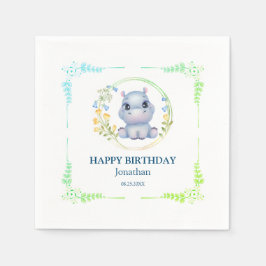 Niedlicher Hippopotamus Blume Wreath Happy Birthda Serviette