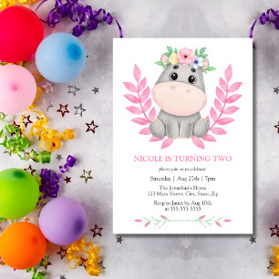 Niedlicher Hippopotamus Floral 2. Geburtstag Einladung