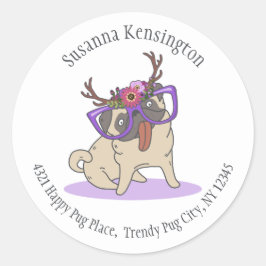 Niedlicher Hipster Boho Hippie Mops Big Glassadres Runder Aufkleber