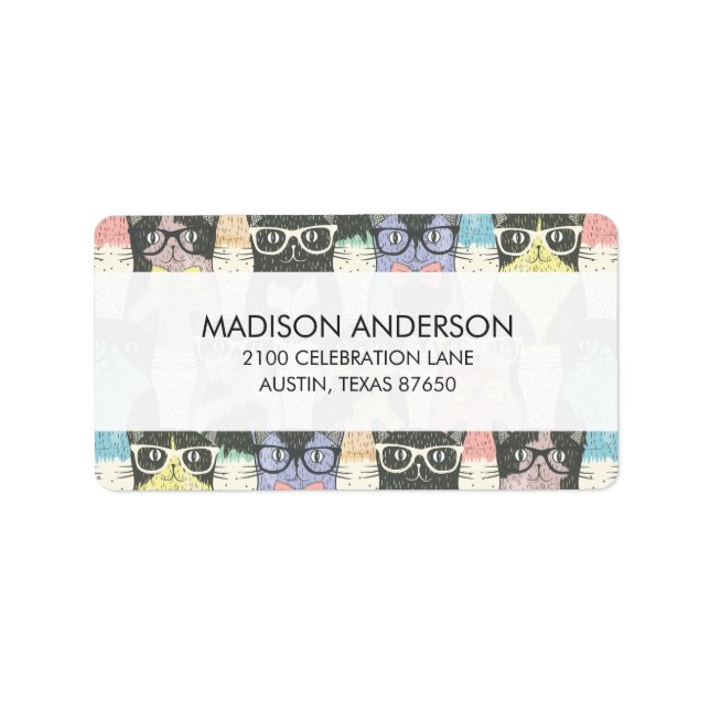 Niedlicher Hipster Cats Muster Adressaufkleber (Vorne)