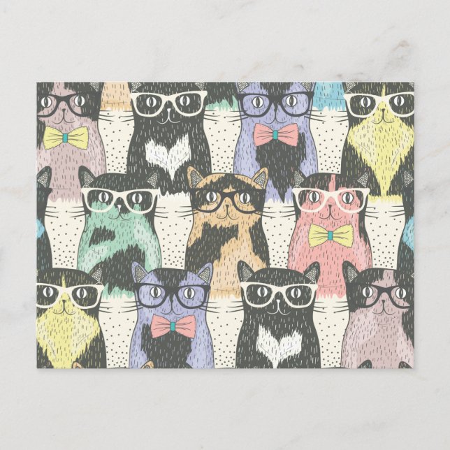 Niedlicher Hipster Cats Muster Postkarte (Vorderseite)