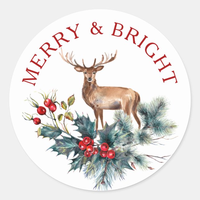 Niedlicher Hirsch und Weihnachtskranz Runder Aufkleber (Vorderseite)