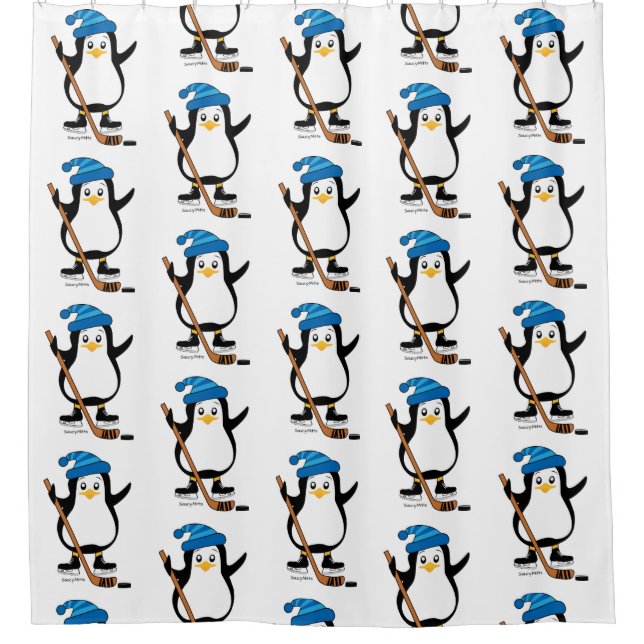 Niedlicher HockeyPenguin mit Hockey-Stock Duschvorhang (Vorderseite)