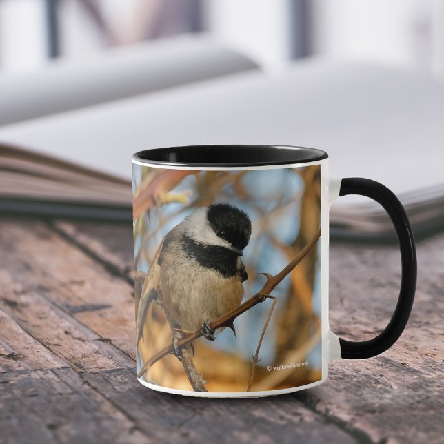 Niedlicher hoffnungsvoller Schwarzkicherling-Songb Tasse (Cute Hopeful Black-Capped Chickadee on Branch 11 oz Coffee Mug Cover Photo.)