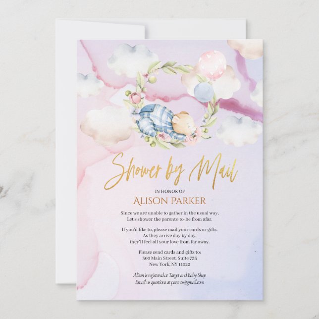 Niedlicher Holzbär Pink Sky Baby Dusche von Mail Einladung (Vorderseite)