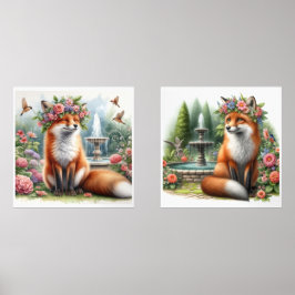 Niedlicher Holzfuchs im Blumengarten Print-Set Bilderwand Sets