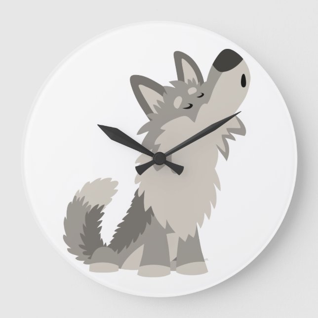 Niedlicher Howling Cartoon Wolf Wall Clock Große Wanduhr (Vorderseite)