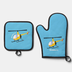 Niedlicher Hubschrauber mit gelbem Cartoon Ofenhandschuh & Topflappen-Set