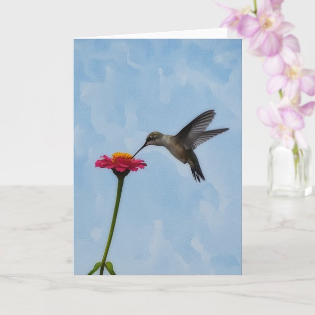 Niedlicher Hummingbird Hovering auf rosa Blume Not Karte (Orchidee)