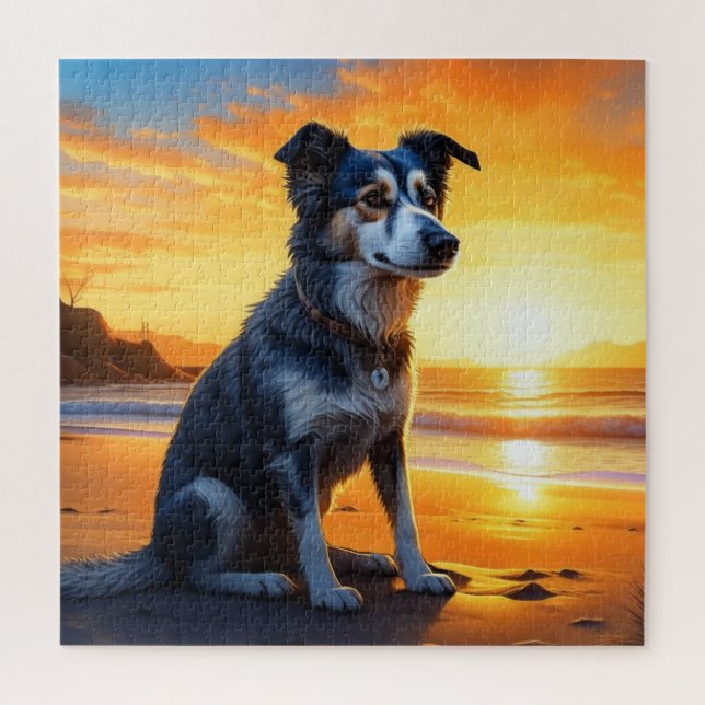 Niedlicher Hund am Strand bei Sunset Puzzle (Vertikal)