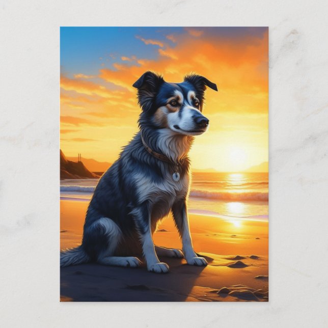 Niedlicher Hund am Strand bei Sunset | SPRICHWORT Postkarte (Vorderseite)