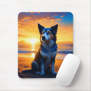 Niedlicher Hund am Sunset Serene Ocean Beach Mousepad