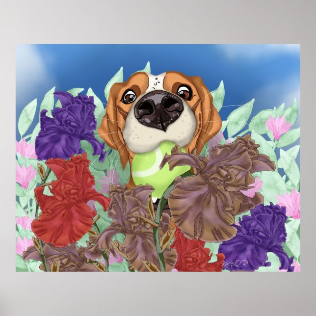 Niedlicher Hund auf einem Feld der Blume. Poster (Vorne)