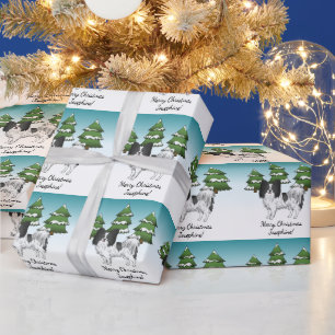 Niedlicher Hund aus Schwarz-Weiß-Papillen im Winte Geschenkpapier