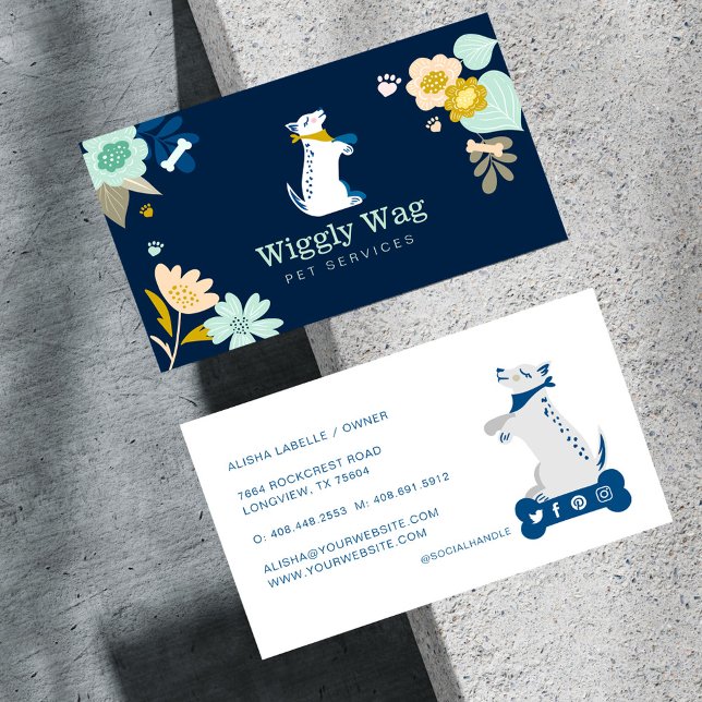 Niedlicher Hund Botanische Flottendienste Visitenkarte (Cute Happy Dog Floral Botanical Navy Pet Services Business Card)