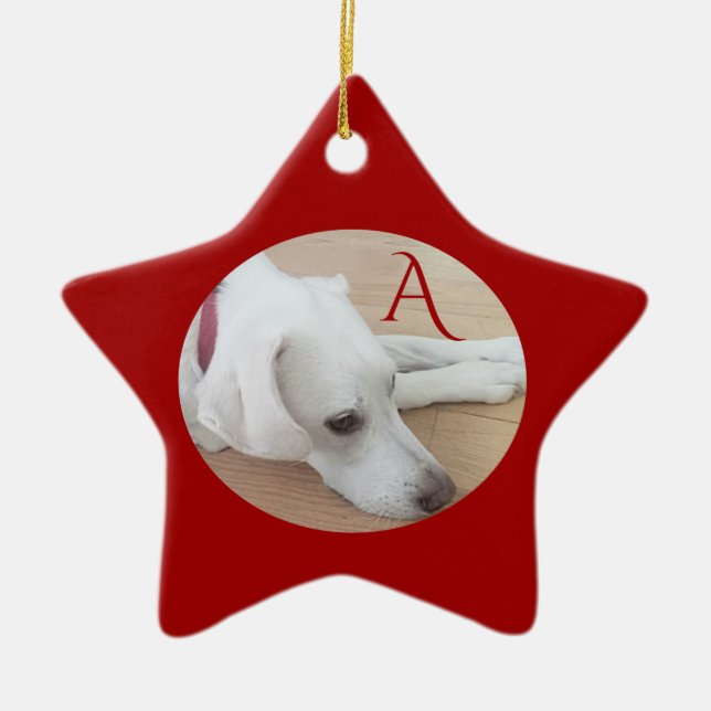 Niedlicher Hund Custom Single Initial Red Christma Keramik Ornament (Vorne)