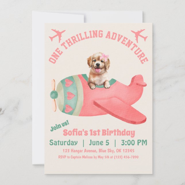 Niedlicher Hund Flying Airplane Rosa Aquarell Gebu Einladung (Vorderseite)