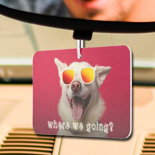 Niedlicher Hund Foto Luftkühler Autolufterfrischer ("Where we going?" cute dog photo car air freshener - you can change to a photo of your dog!)