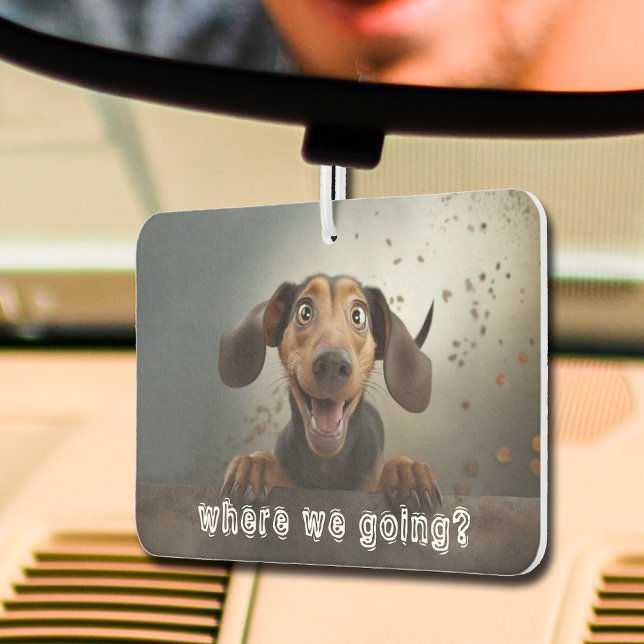 Niedlicher Hund Foto Luftkühler Autolufterfrischer ("Where we going?" cute dog photo car air freshener - you can change to a photo of your dog!)