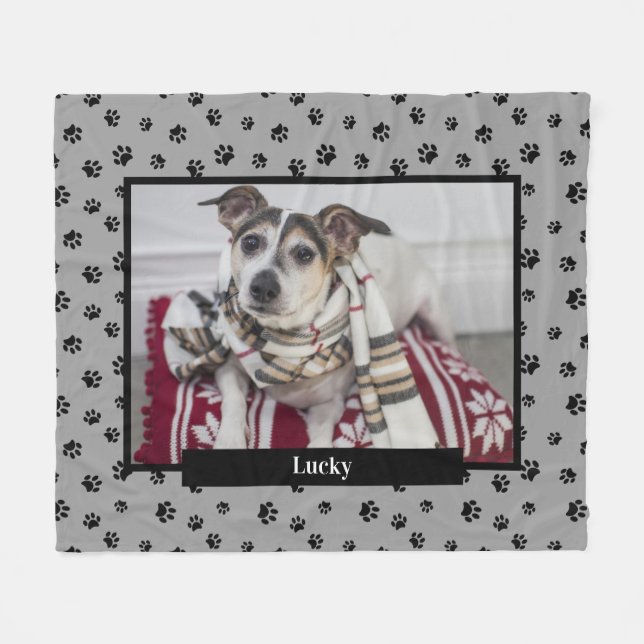 Niedlicher Hund Foto Name Schwarze Paw Prints Silv Fleecedecke (Vorderseite (Horizontal))