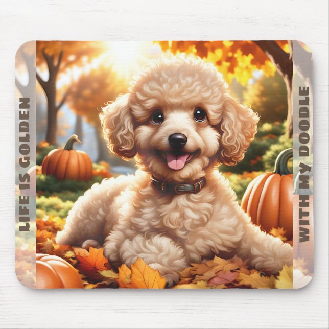 Niedlicher Hund Goldendoodle Welpe Fall Pumpkin Na Mousepad (Vorne)