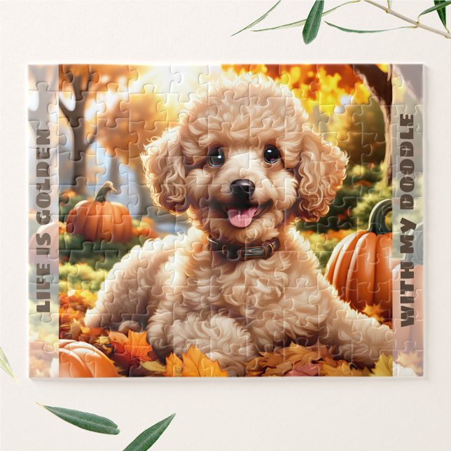 Niedlicher Hund Goldendoodle Welpe Fall Pumpkin Na Puzzle (Cute Dog Goldendoodle Puppy Fall Pumpkin Name Jigsaw Puzzle)