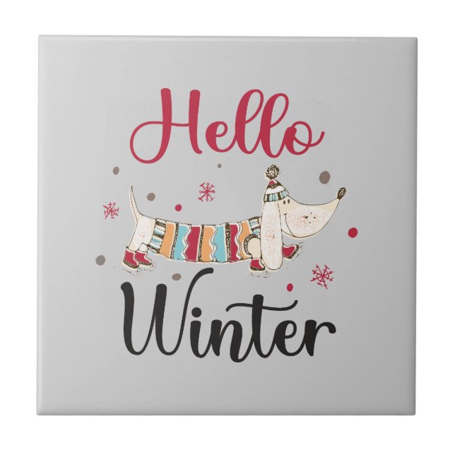 Niedlicher Hund Hallo Winter Fliese (Vorderseite)