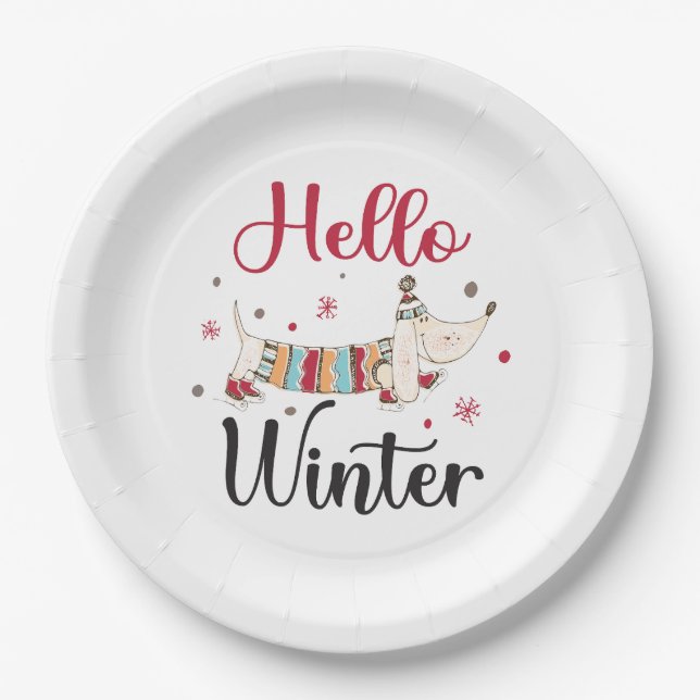Niedlicher Hund Hallo Winter Pappteller (Vorderseite)
