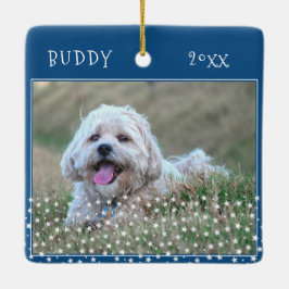 Niedlicher Hund Haustier 2 Fotos Star Pattern Blau Keramikornament