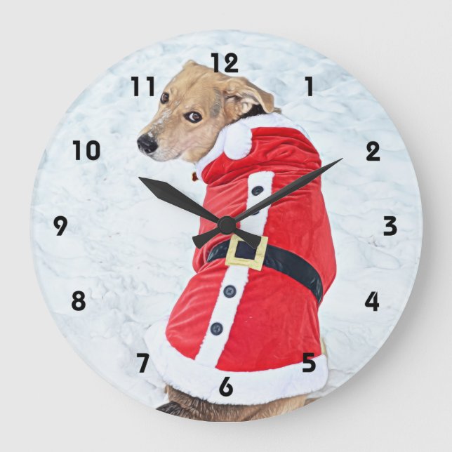Niedlicher Hund im Schnee, der Weihnachtsweihnacht Große Wanduhr (Vorderseite)