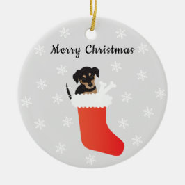 Niedlicher Hund in einem Strumpf Schneeflocken Keramik Ornament