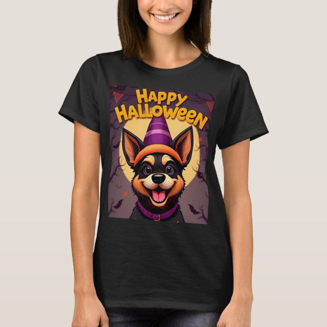 Niedlicher Hund in Halloween-Szene mit Pumpkins T-Shirt (Vorderseite)