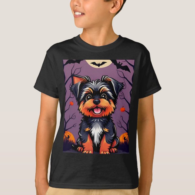 Niedlicher Hund in Halloween-Szene mit Pumpkins T-Shirt (Vorderseite)