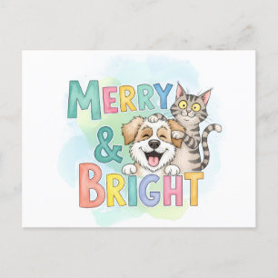 Niedlicher Hund & Katze Merry & Bright Feiertagspostkarte