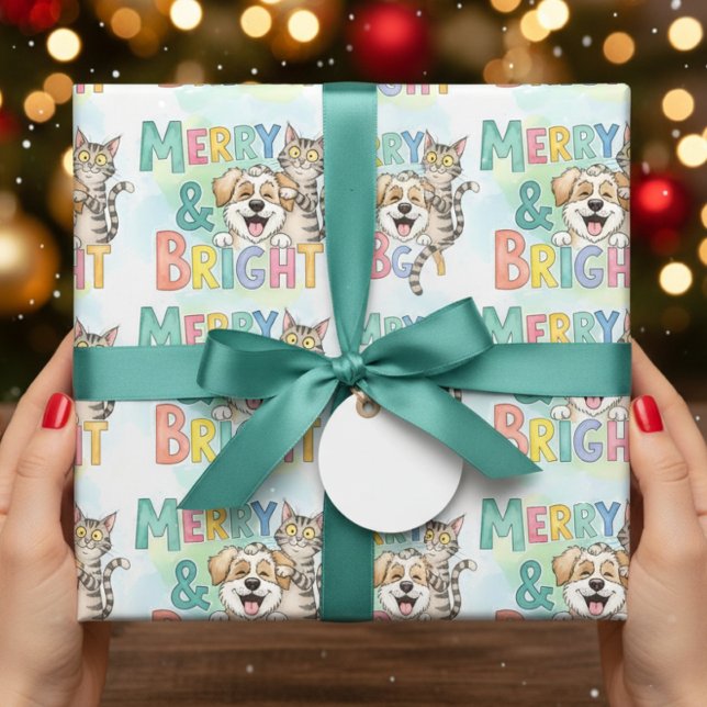 Niedlicher Hund & Katze Merry & Bright Geschenkpapier (Von Creator hochgeladen)