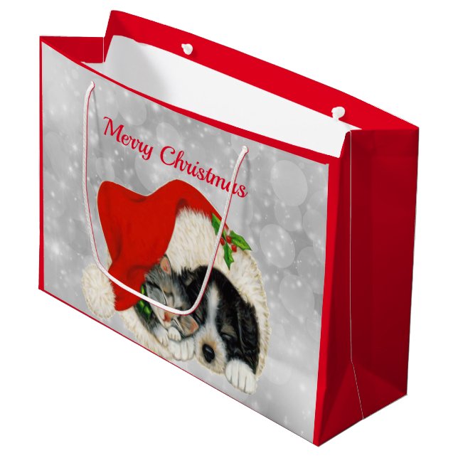 Niedlicher Hund Katze Weihnachtsfeiern Große Geschenktüte (Vorderseite Schrägansicht)
