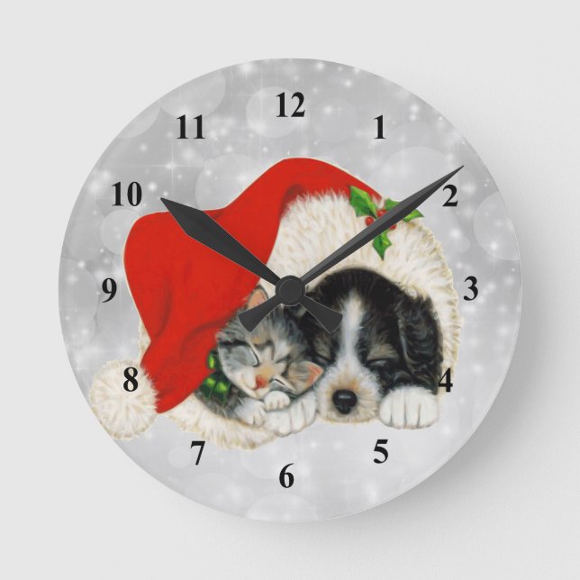 Niedlicher Hund Katze Weihnachtsfeiern Runde Wanduhr (Vorderseite)