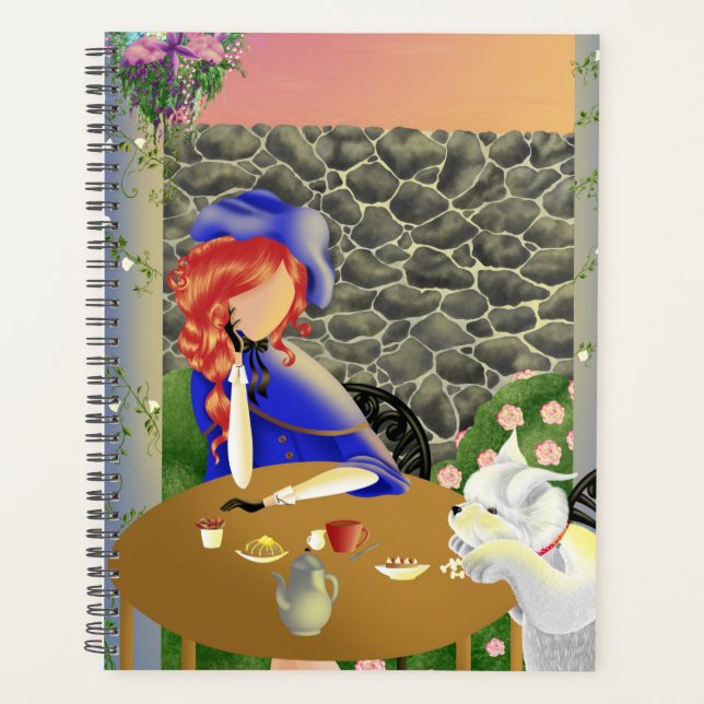 Niedlicher Hund & Lady im Café bei Sonnenuntergang Planer (Vorderseite)