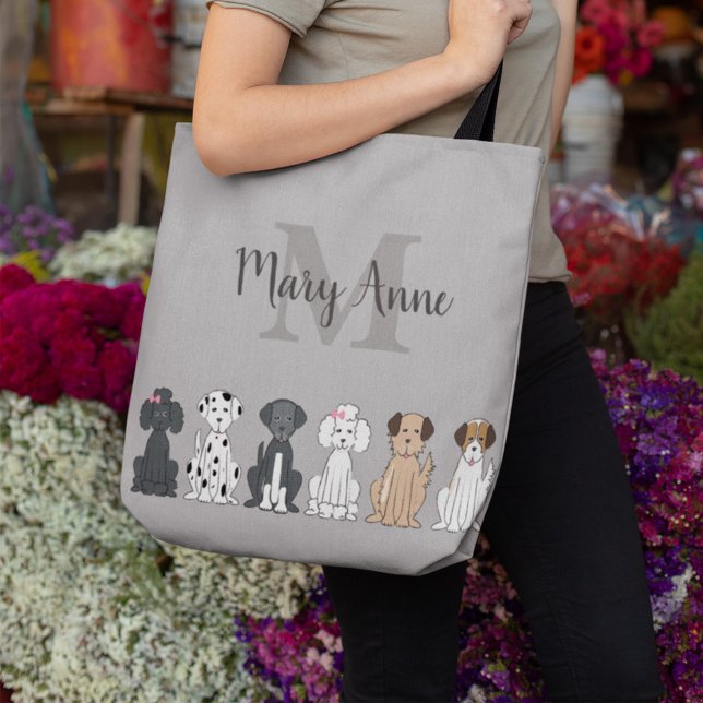 Niedlicher Hund liebt Monogramm Grau (Cute dog breed pattern tote bag featuring playful cartoon puppies in a repeating design for pet love)