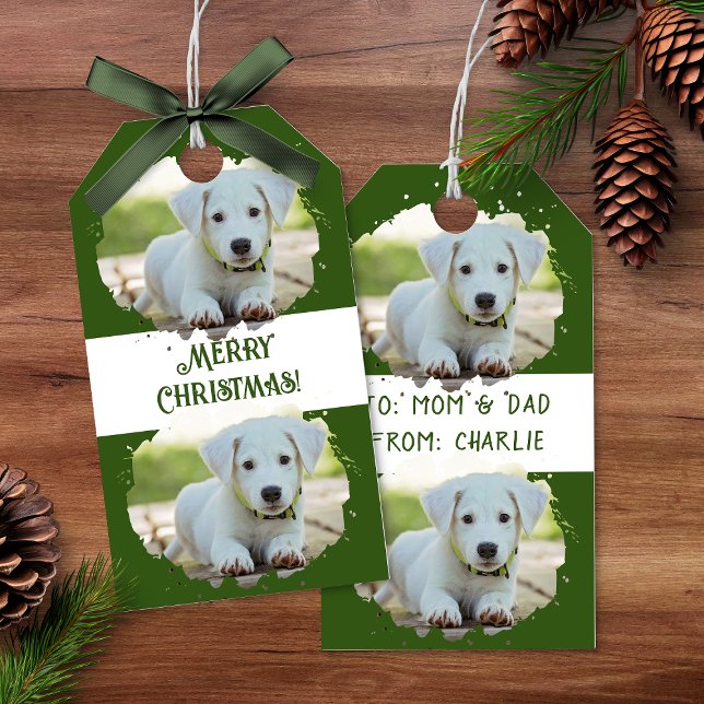 Niedlicher Hund liebt Personalisiertes Foto Muster Geschenkanhänger (Cute Dog Lovers Personalized Photo Pattern Green Gift Tags)