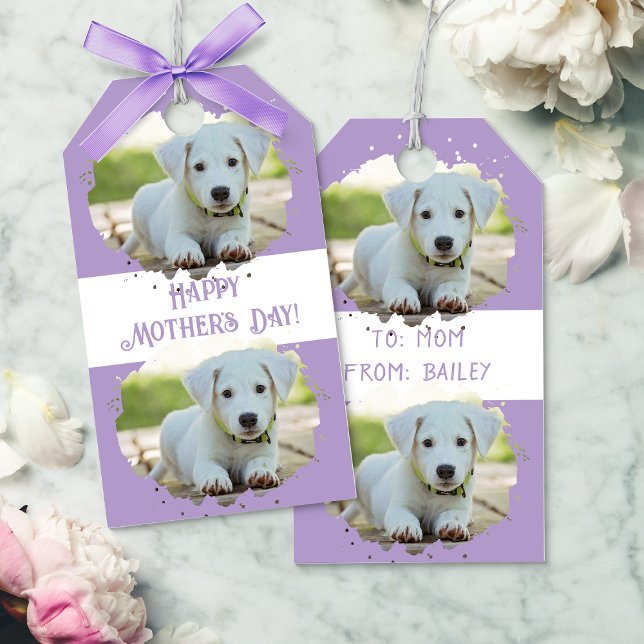 Niedlicher Hund liebt Personalisiertes Foto Muster Geschenkanhänger (Cute Dog Lovers Personalized Photo Pattern Purple Gift Tags)
