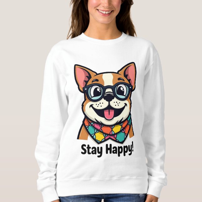 Niedlicher Hund mit Brille und farbenprächtigem Sc Sweatshirt (Vorderseite)