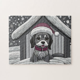Niedlicher Hund mit dem Weihnachtsmann im Schnee Puzzle