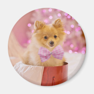 Niedlicher Hund mit Pink Bow Weihnachts-Foto Magnet
