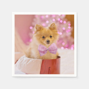 Niedlicher Hund mit Pink Bow Weihnachts-Foto Serviette