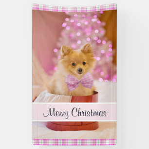 Niedlicher Hund mit Pink Bow Weihnachtsfoto Banner