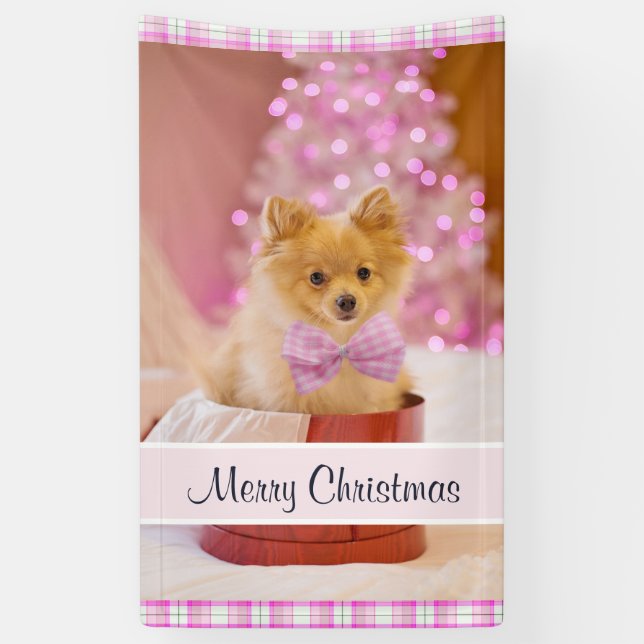 Niedlicher Hund mit Pink Bow Weihnachtsfoto Banner (Vertikal)